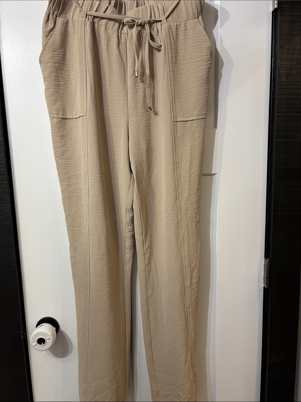 Suzy Shier Beige Wide-Leg Drawstring Pants
